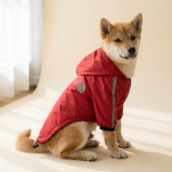 Waterproof padded winter dog coat hoodie on a cream studio background
