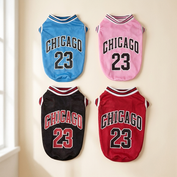 Dog basketball jersey mesh sports shirt on a cream studio background