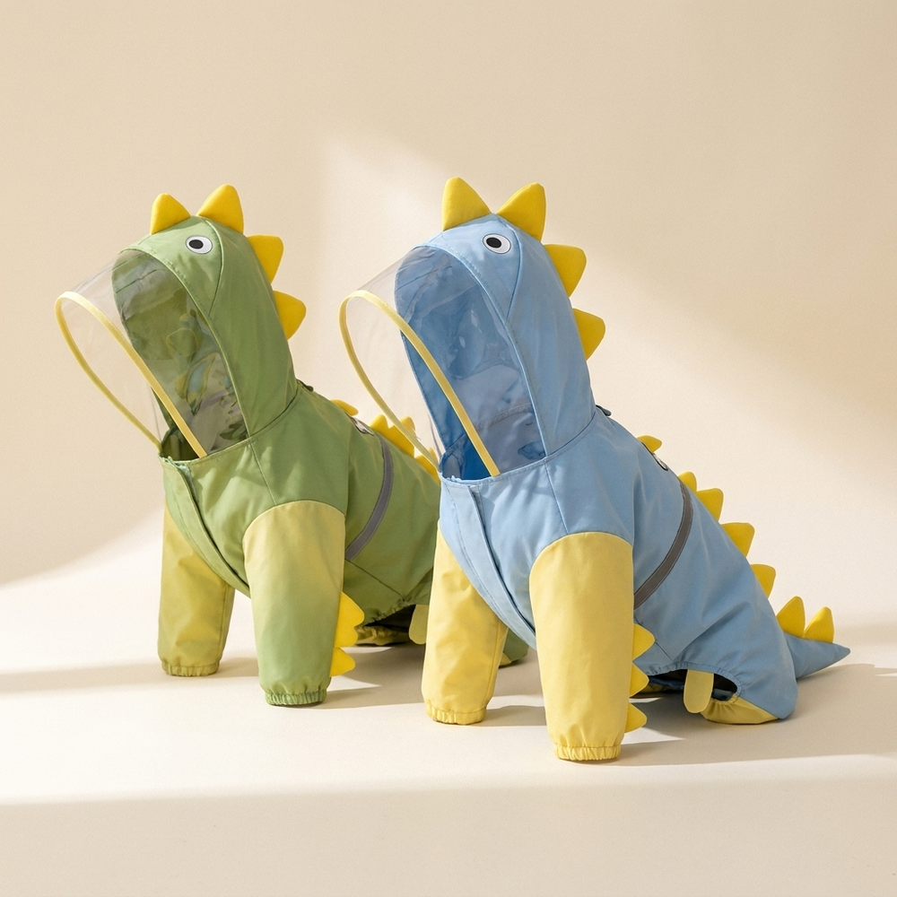 Dinosaur dog raincoat with 3D tail and hood on a cream studio background