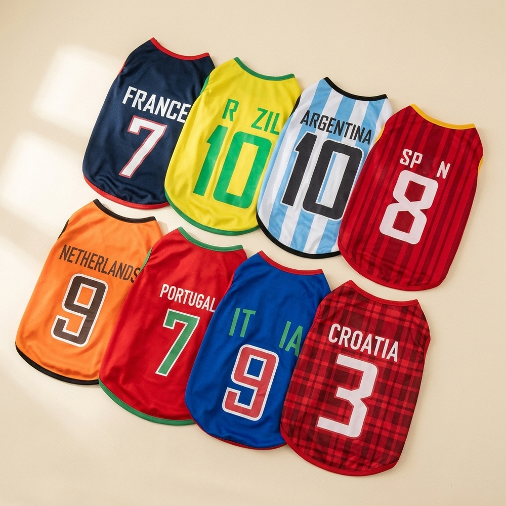 Pet wearing a 2026 quick-dry mesh soccer jersey on a cream studio background