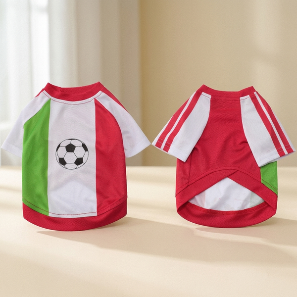 2026 World Cup multi-country soccer dog jersey on a cream studio background