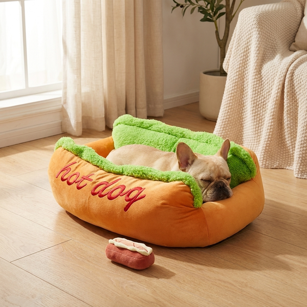 Hot Dog Lounger Pet Bed – Funny Washable Bun Bed for Dogs & Cats – lifestyle product photo