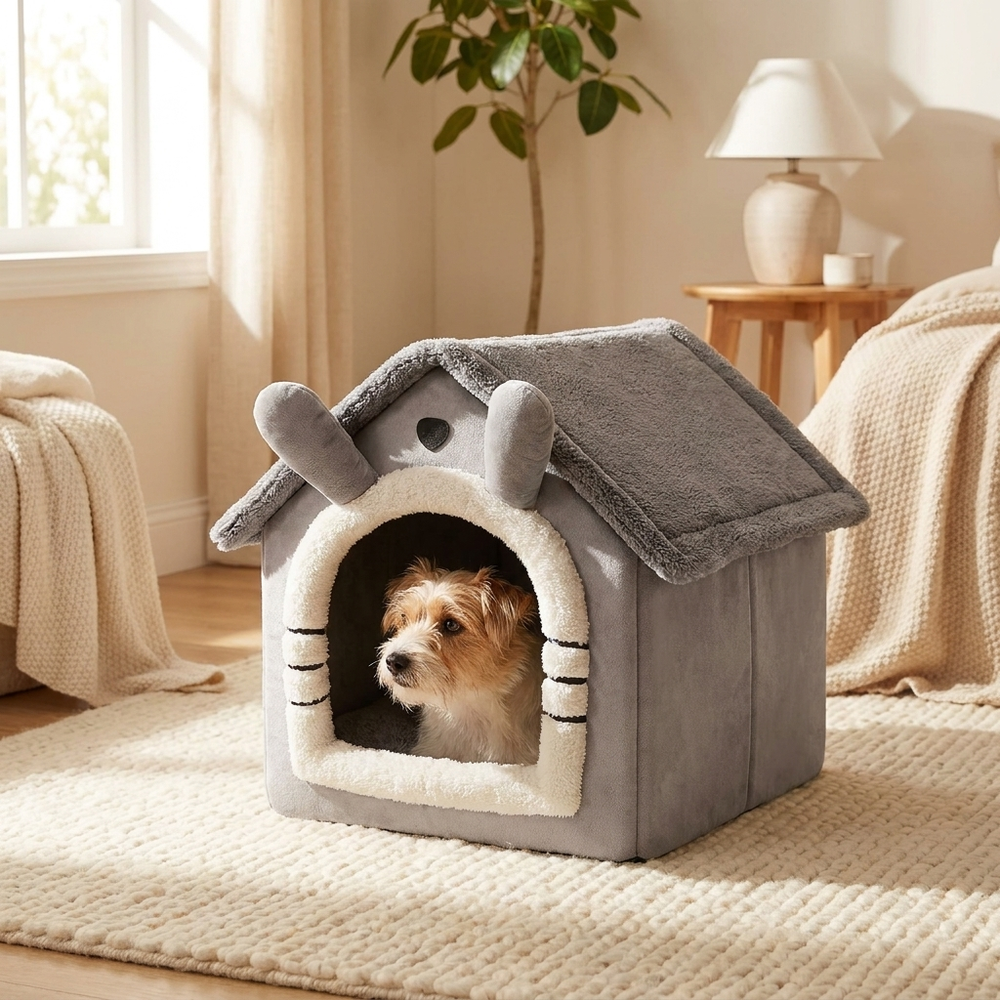 Cozy Dog House Bed – Washable Indoor Cabin for Small Dogs & Cats – lifestyle product photo