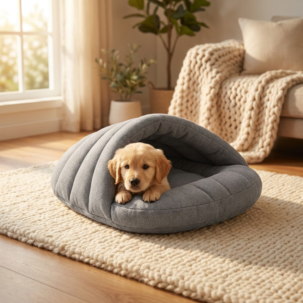 Cave Dog Bed – Slipper-Style Cozy Hideaway for Puppies & Cats – lifestyle product photo
