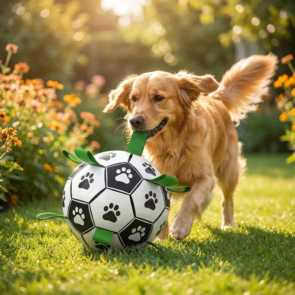 Dog Soccer Ball with Straps – Tug & Fetch Toy for Medium Dogs – lifestyle product photo