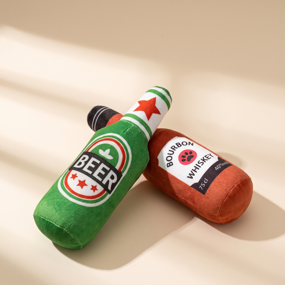 Beer & Whiskey Bottle Plush Dog Toy — Squeaky Novelty Chew