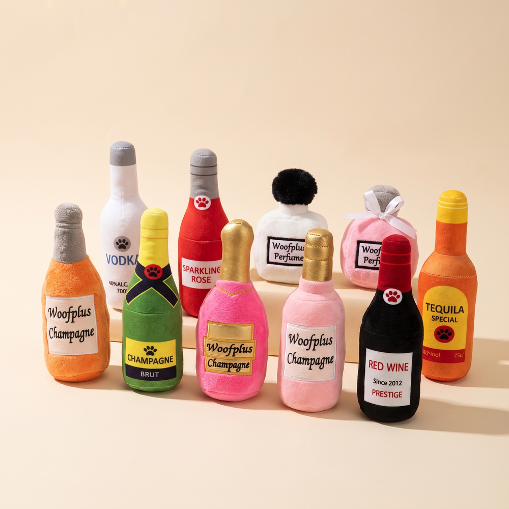 Funny Happy Hour Bottles Plush Dog Toy — Squeaky Toy for Dogs
