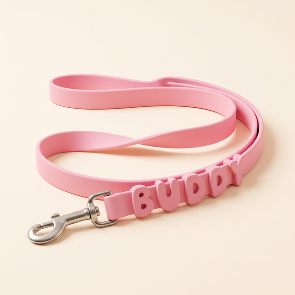 Pink silicone name leash with letters spelling BUDDY, studio product photo