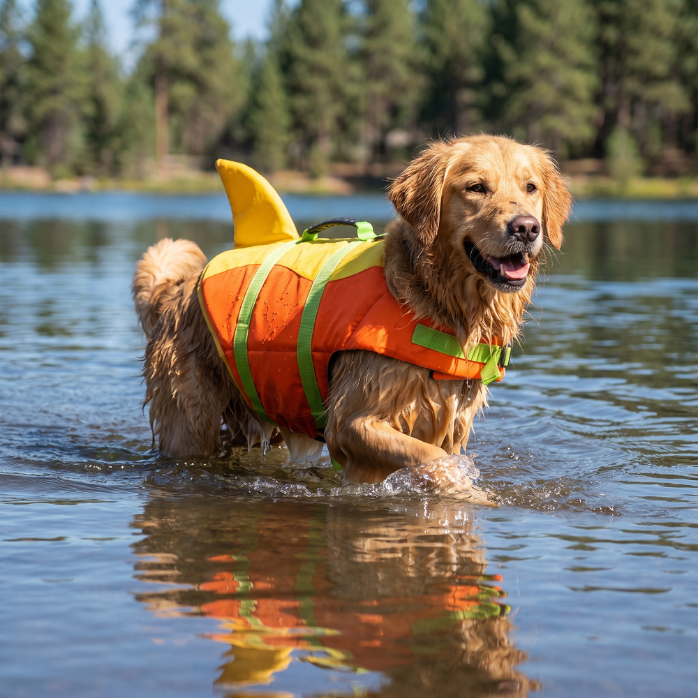 Golden retriever swimming in a lake wearing the orange shark fin dog life jacket