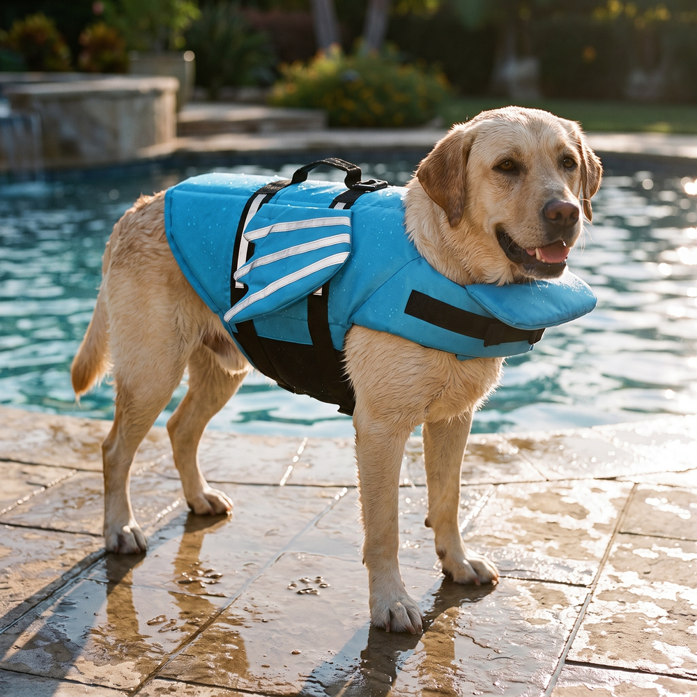 Labrador on a pool deck at dusk wearing the blue reflective wing dog life jacket, reflective stripes catching light