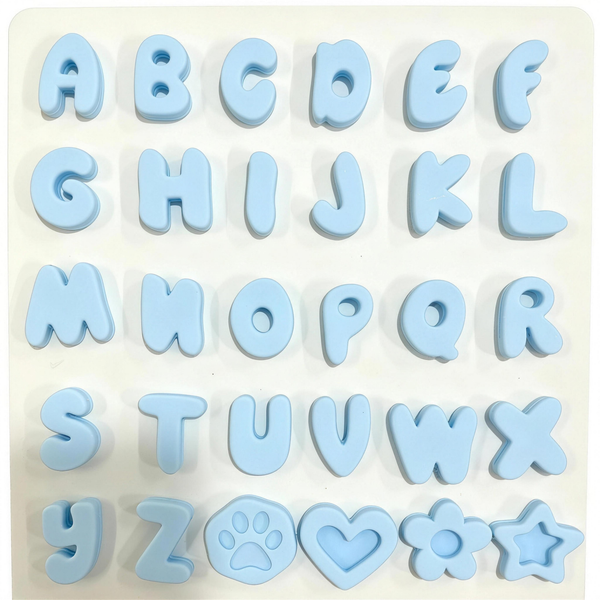 Silicone pet name charms in light blue, full A–Z set with paw, heart, flower and star