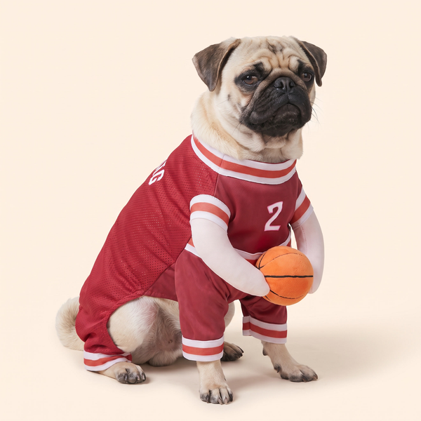 Pug sitting in the red dog basketball player costume with faux arms holding an orange plush basketball