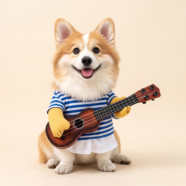 Corgi wearing the guitarist dog costume, blue striped shirt with stuffed yellow arms holding a brown plush guitar