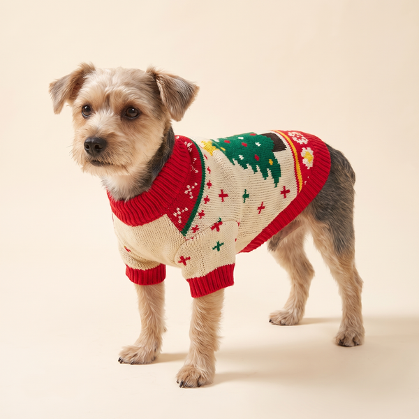 Dog wearing the knitted Christmas deer and tree sweater – Pawsome Plushies