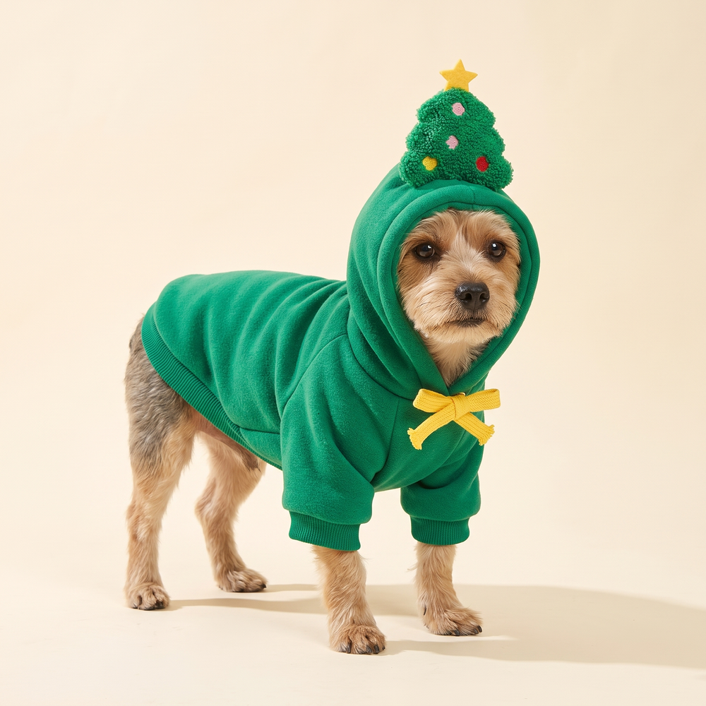 Dog wearing the green Christmas tree print hoodie