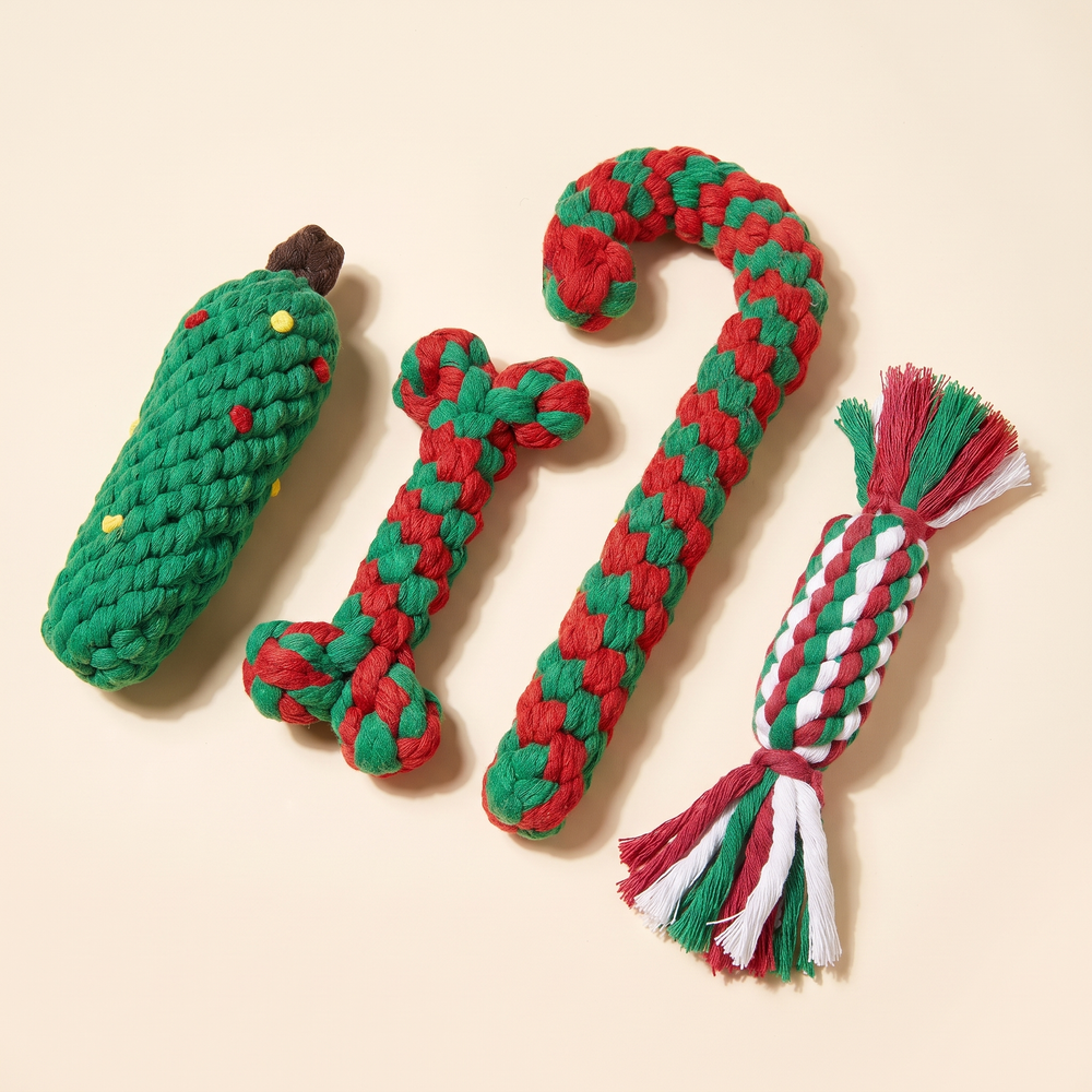 Four piece set of Christmas cotton rope dog chew toys