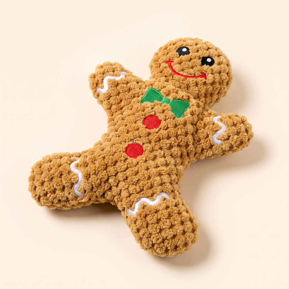 Gingerbread man plush squeaky dog toy