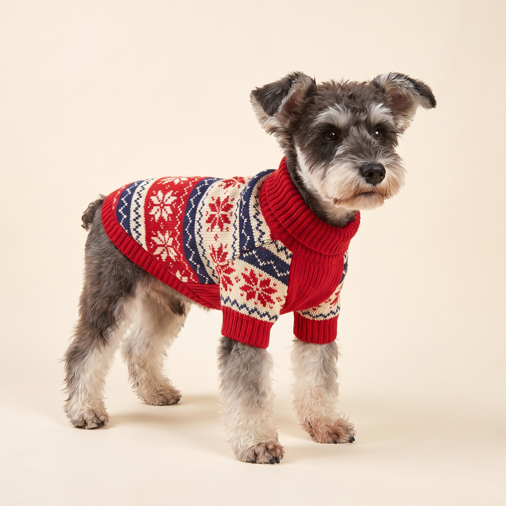 Dog wearing the nordic fair isle knitted Christmas sweater