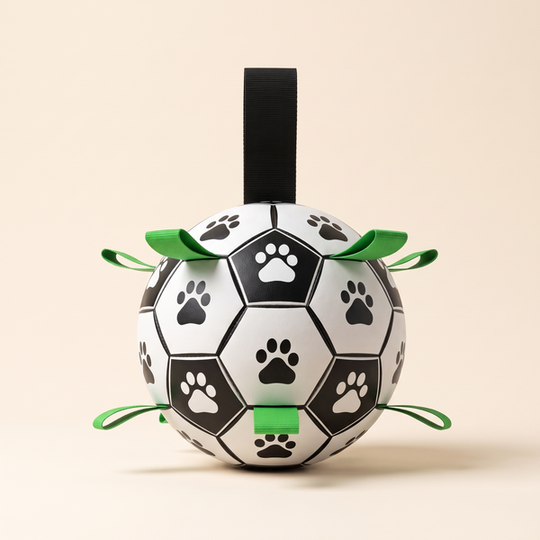 Dog soccer ball with green grab straps and a black carry loop, black and white paw-print panels, front view