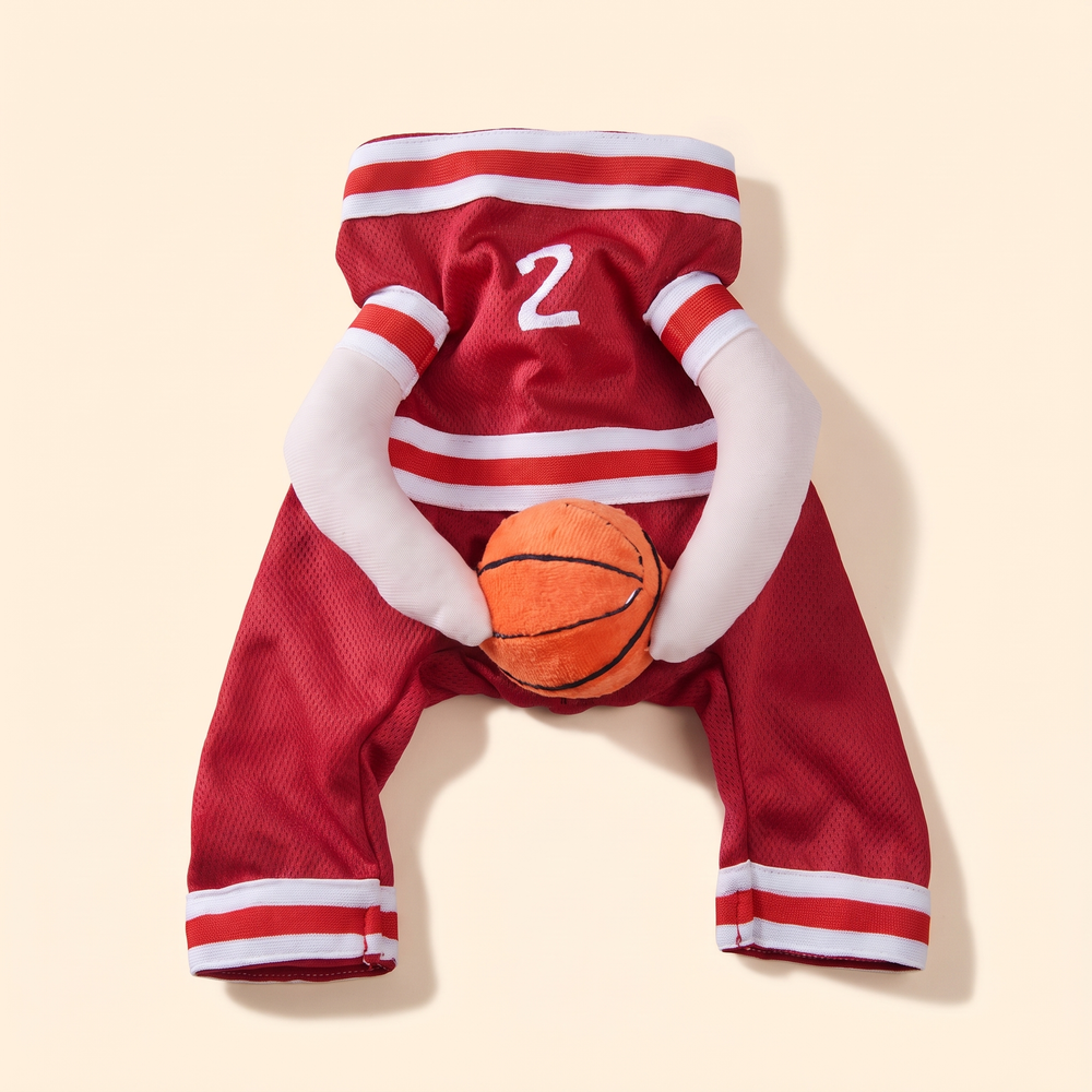 Dog basketball jersey laid flat - product photo