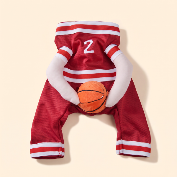 Dog basketball player costume laid flat: red mesh jersey and shorts, number 2, faux arms and plush ball