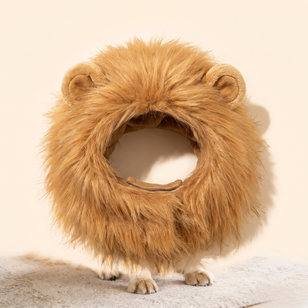 Plush lion mane pet headdress laid flat - product photo