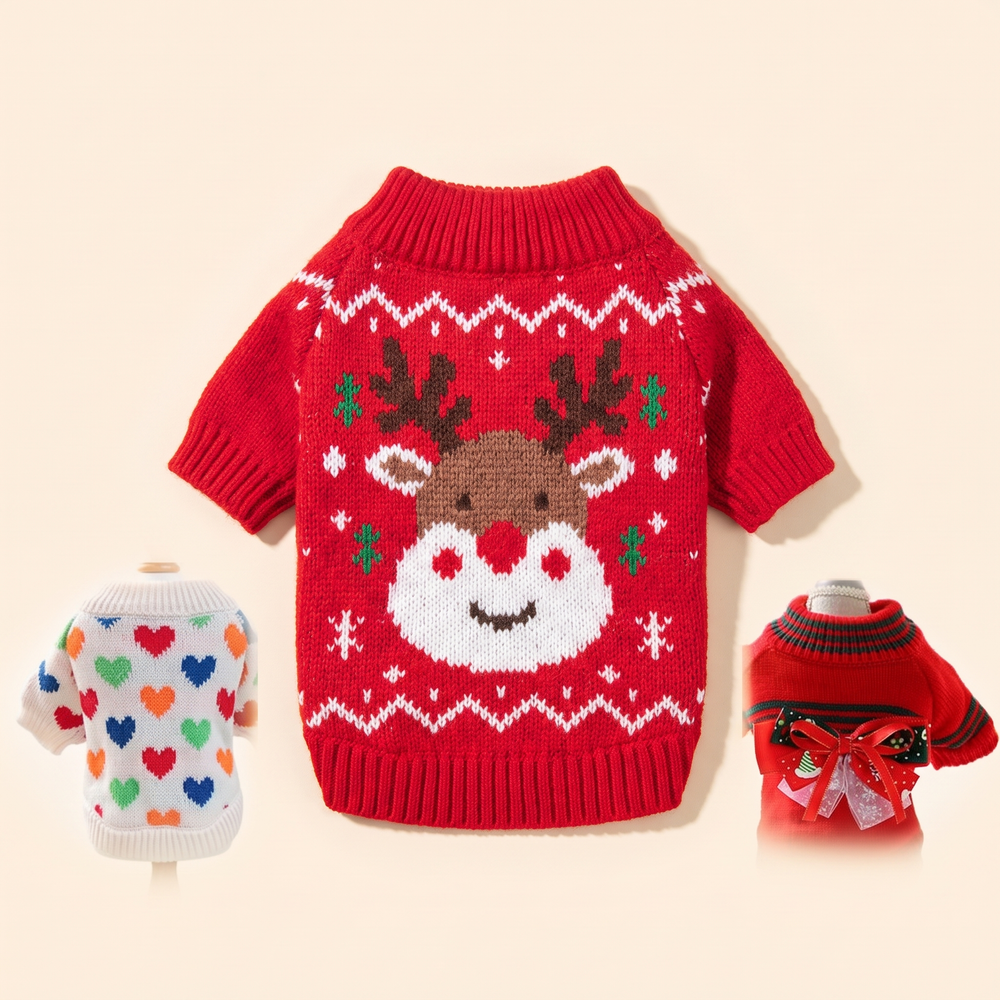 Knitted Christmas dog sweater laid flat - product photo