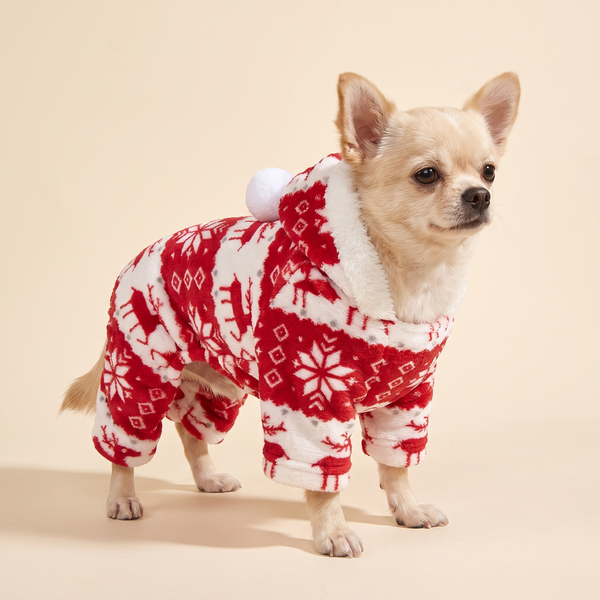Dog wearing the plush Christmas winter onesie