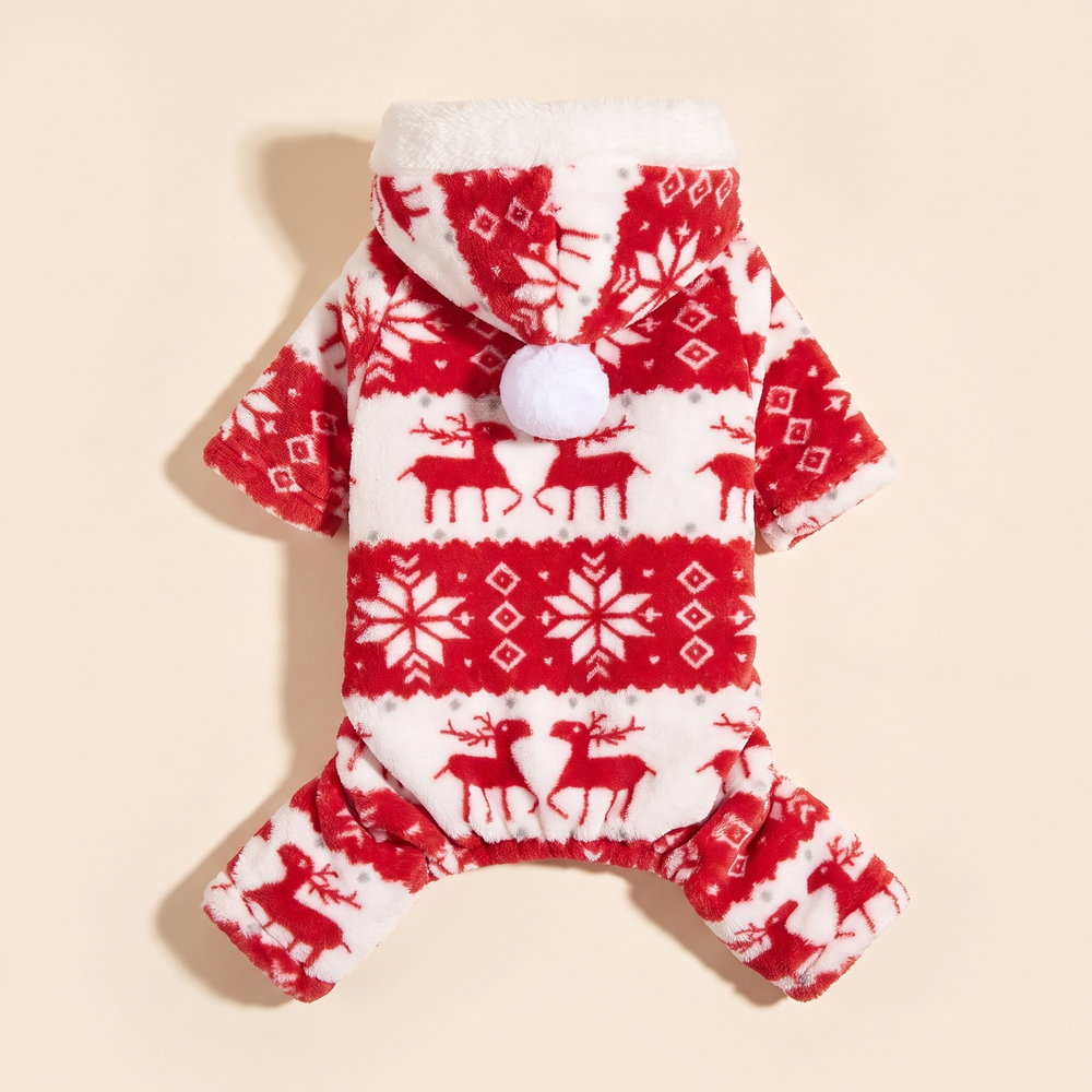 Plush Christmas dog onesie laid flat - product photo