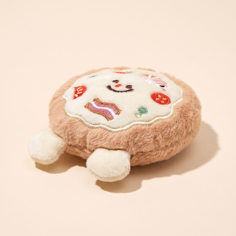 Plush pizza squeaky dog toy - side angle