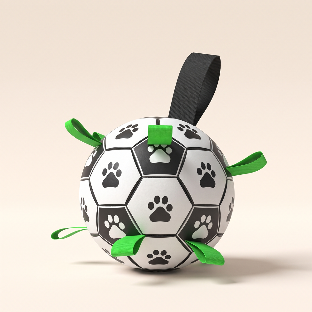 Dog soccer ball with grab straps, angled view showing green straps and paw-print panels