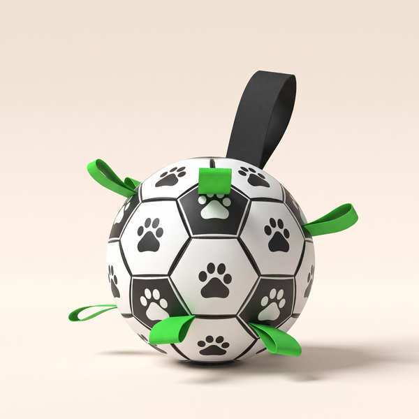 Dog soccer ball with grab straps, angled view showing green straps and paw-print panels