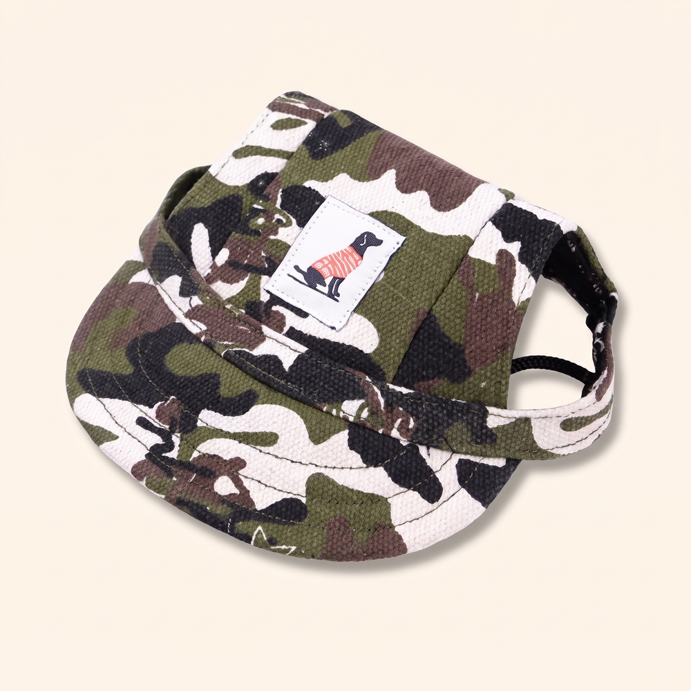 Camouflage print dog baseball cap in green, black and white
