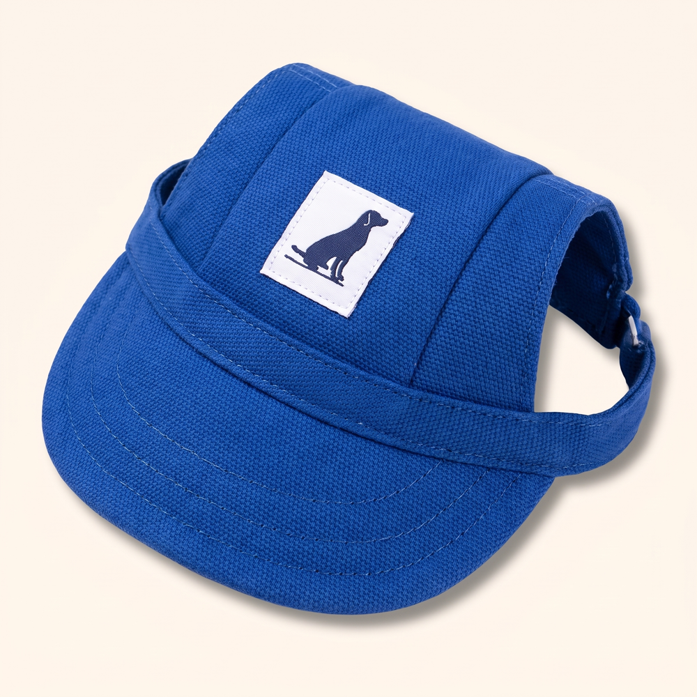 Blue dog baseball cap with visor and dog-patch label