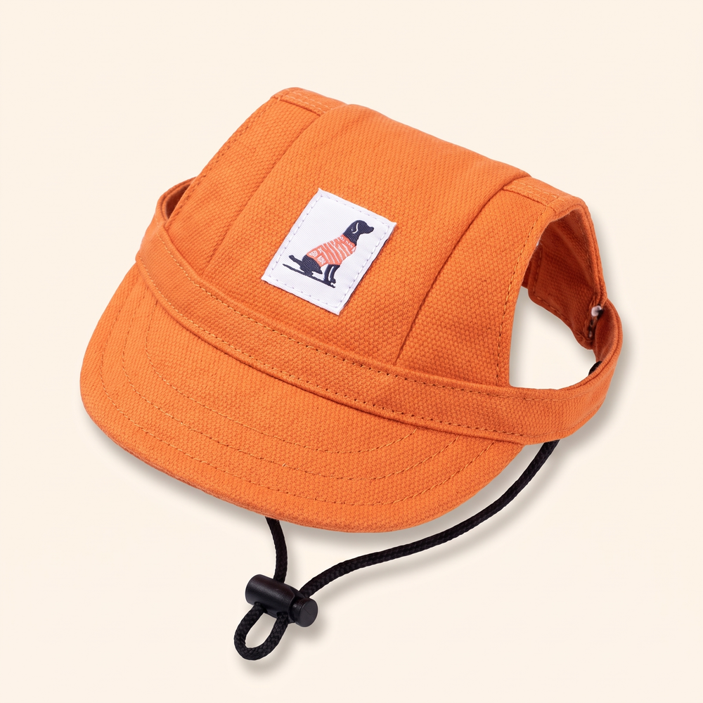 Orange dog baseball cap with adjustable black drawstring chin strap