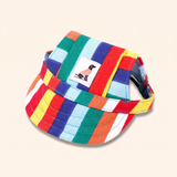 Rainbow stripe dog baseball cap in red, blue, green and yellow