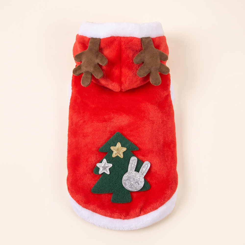 Reindeer dog hoodie back view – green felt Christmas tree with gold star and silver bunny