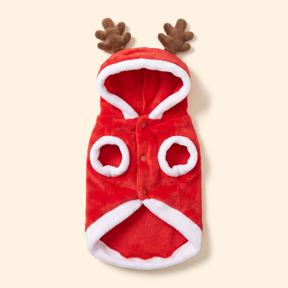 Reindeer dog hoodie front view – leg openings, snap buttons and white fluffy trim
