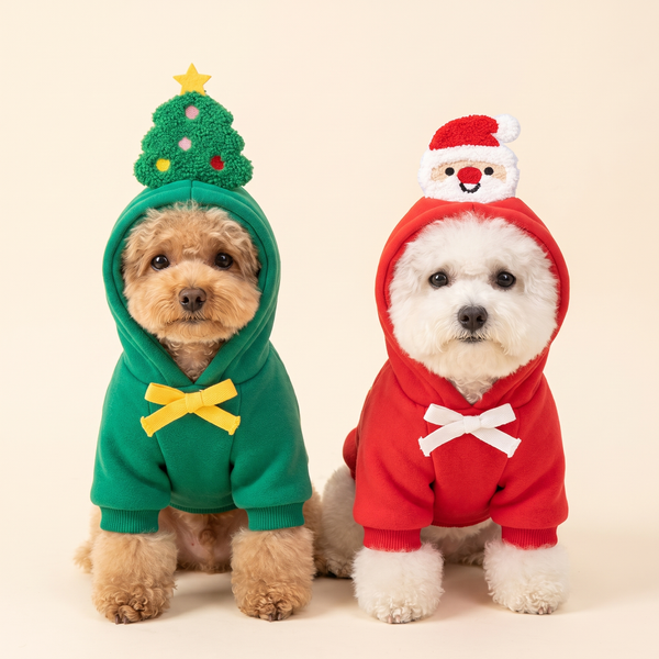 Two dogs wearing the green Christmas tree and red Santa hoodies side by side