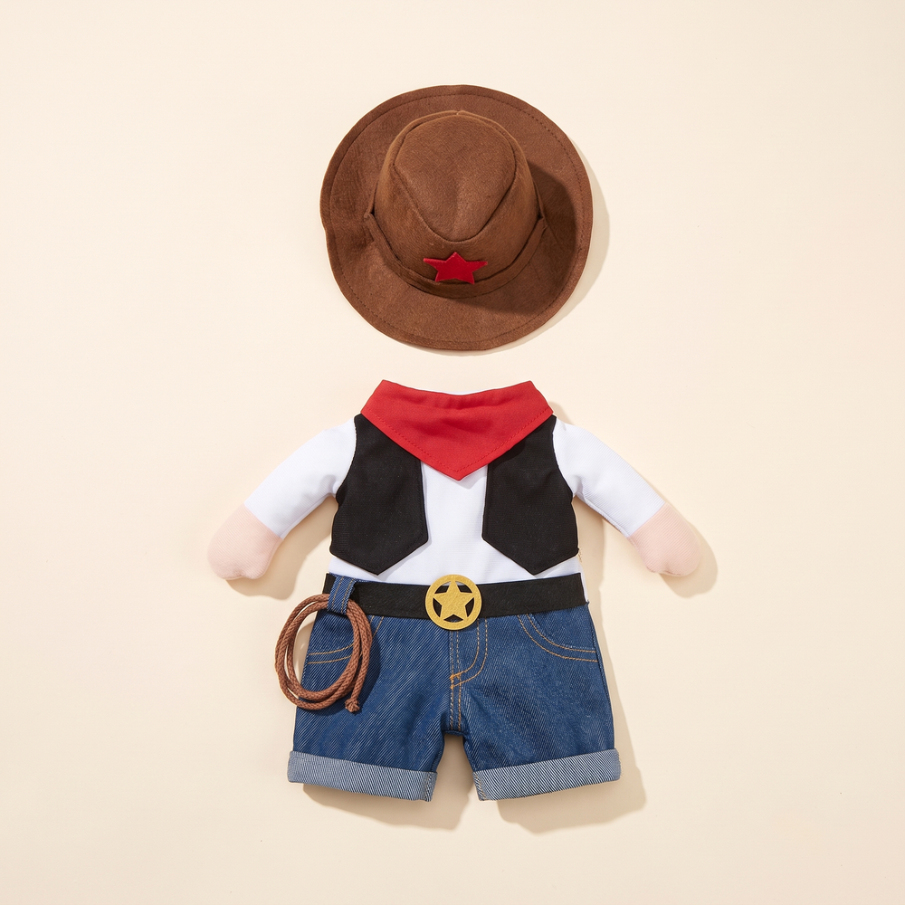 Cowboy denim dog costume with cowboy hat – full set laid flat