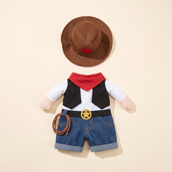 Cowboy dog costume laid flat: brown hat, black vest, red bandana, gold sheriff star and denim-look pants