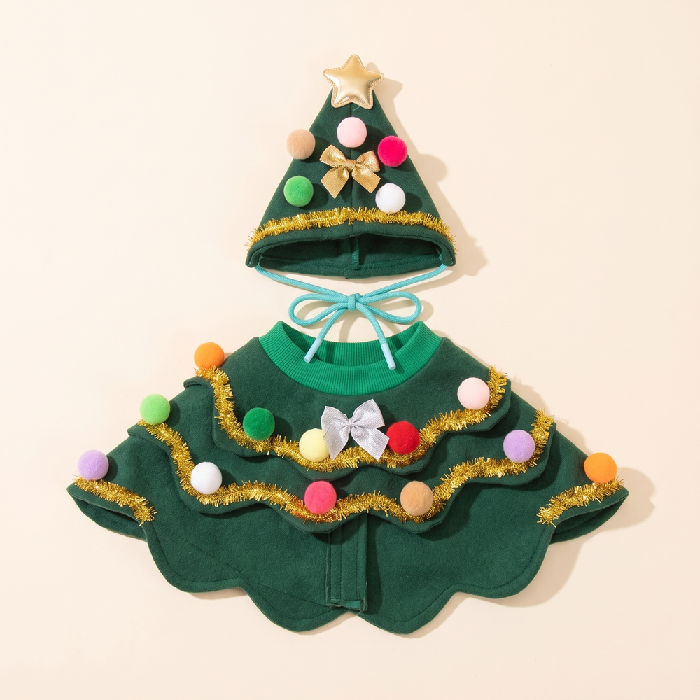 Christmas tree dog cape and cone hat set laid flat