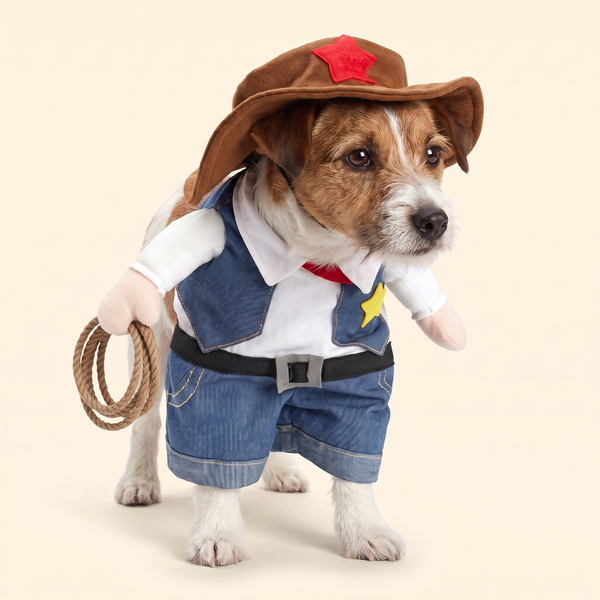 Jack Russell Terrier in the cowboy dog costume with brown hat, denim vest and pants, stuffed arms and rope lasso