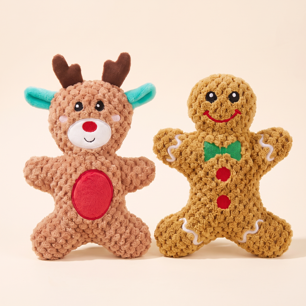 2-pack: moose and gingerbread man plush squeaky dog toys