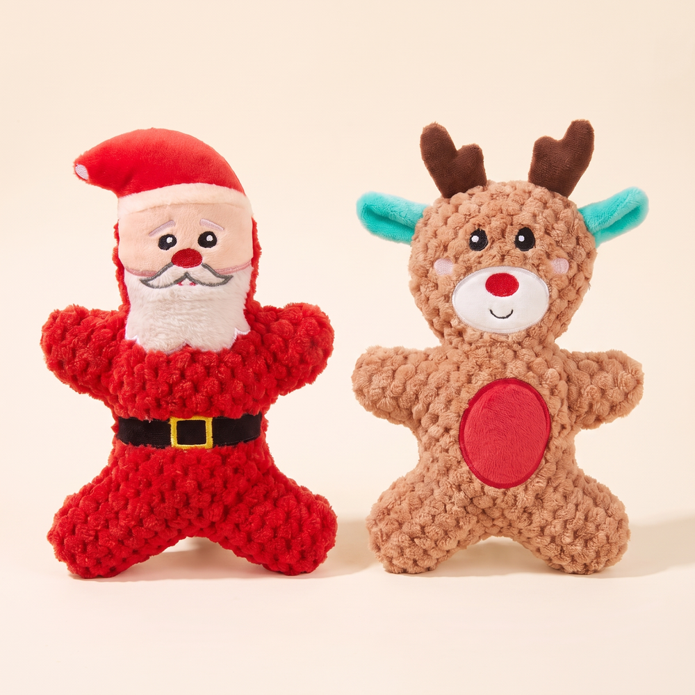 2-pack: Santa and moose plush squeaky dog toys