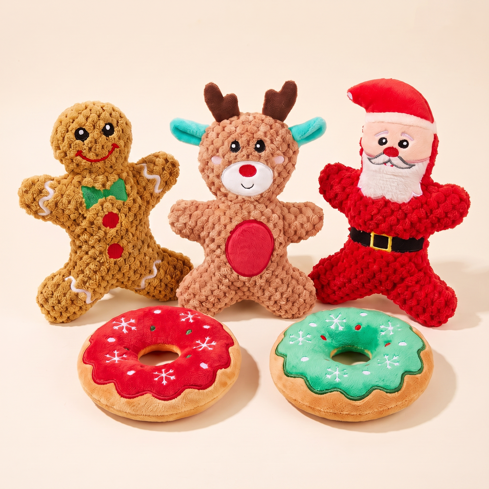 5-piece set: gingerbread man, moose, Santa and two donut plush squeaky dog toys