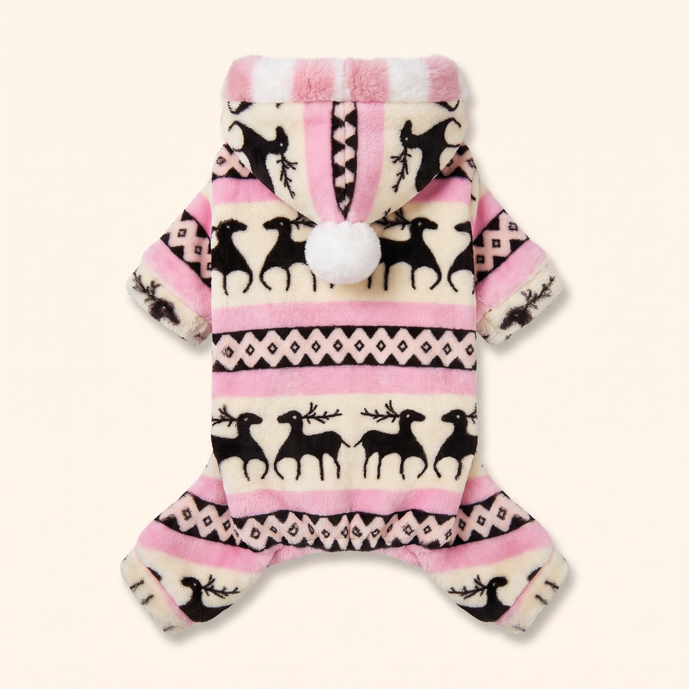 Pink plush Christmas dog onesie with reindeer pattern