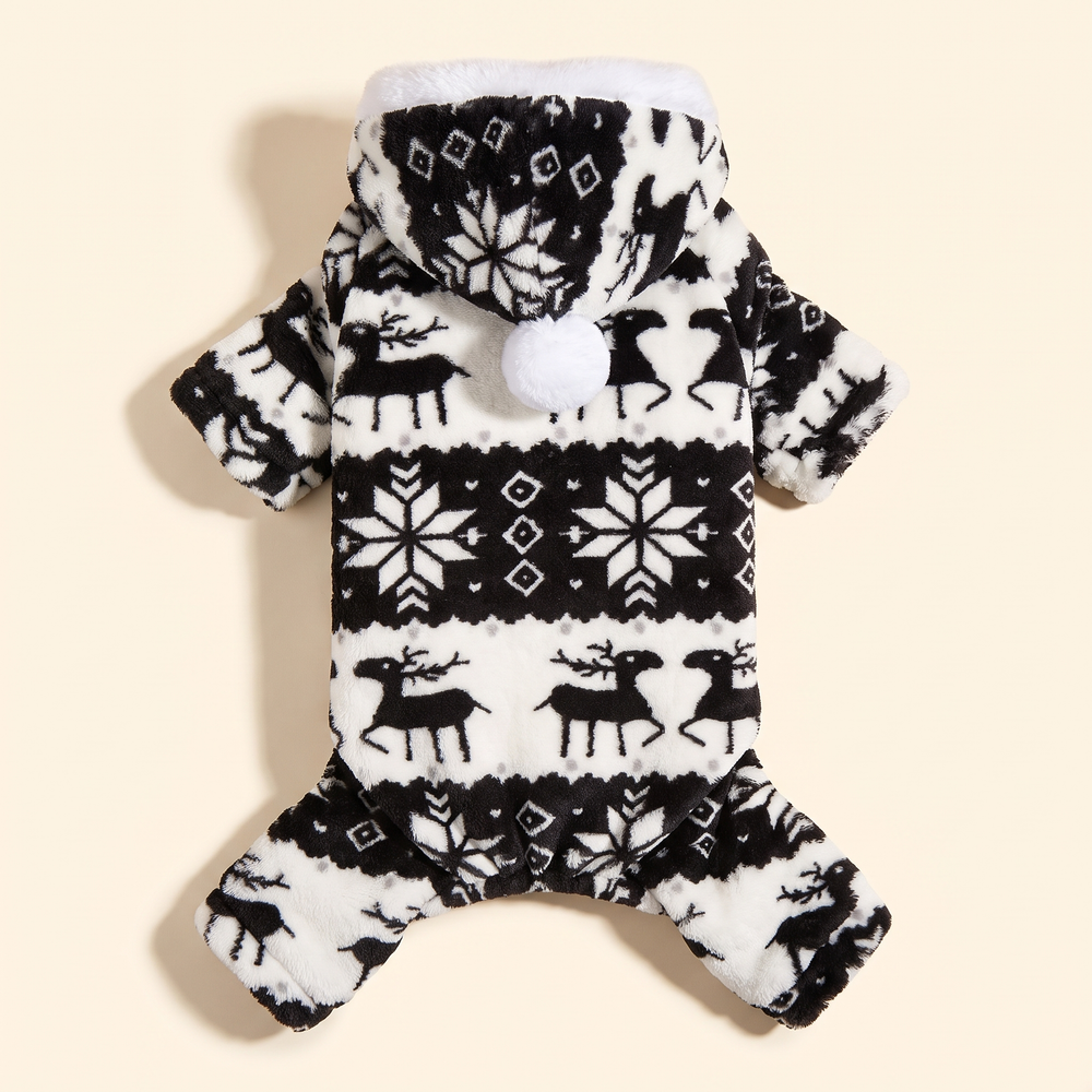 Black and white plush Christmas dog onesie with snowflake and reindeer pattern