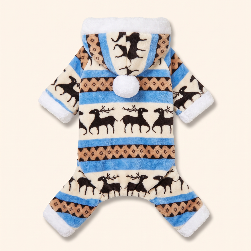 Blue plush Christmas dog onesie with reindeer pattern