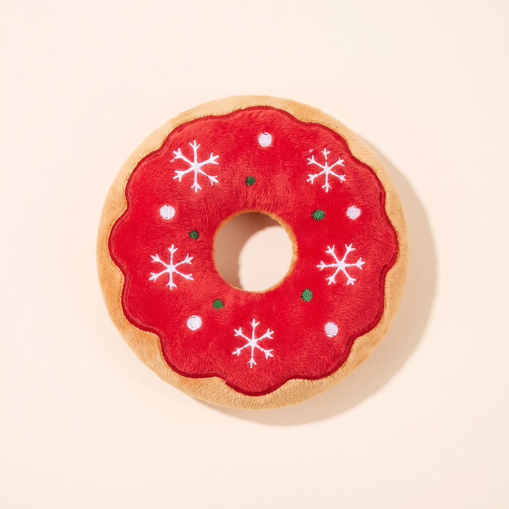 Red donut plush squeaky dog toy